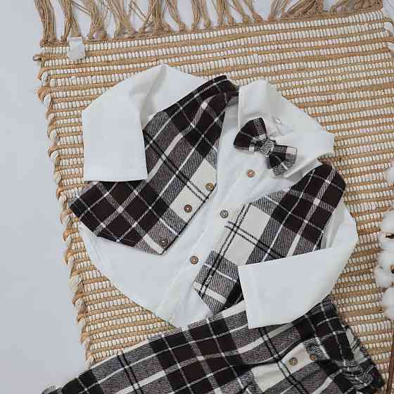 Святковий костюм для хлопчика теплий у коричневу карту (сорочка + жилетка + штани +метелик) 68 Кам'янець-Подільський