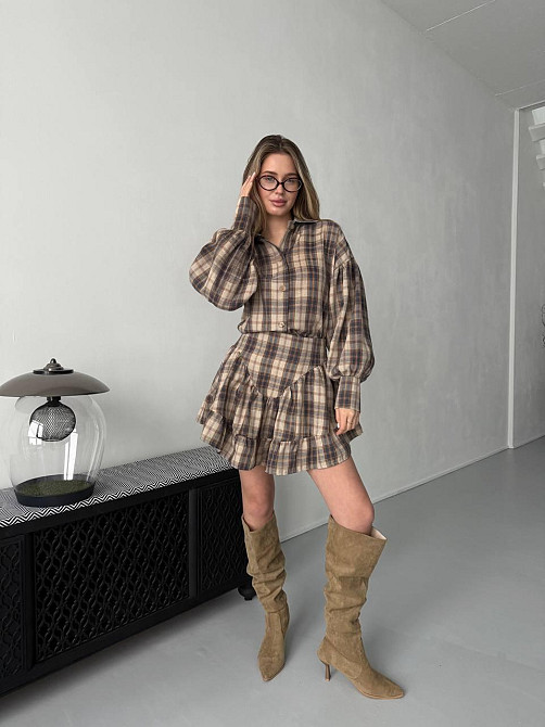 Жіночий стильний костюм-двійка: сорочка та спідниця в карту тіар Бежевий, 42/44 Одеса - фото 6