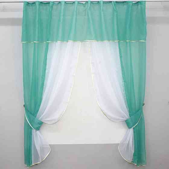 Кухонные шторы VR-Textil № 090к с ламбрекеном и подвязками бирюзовый с белым 280х170 см (50-309) Киев