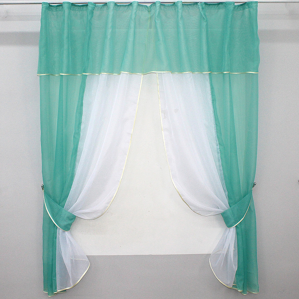 Кухонные шторы VR-Textil № 090к с ламбрекеном и подвязками бирюзовый с белым 280х170 см (50-309) Киев - изображение 1