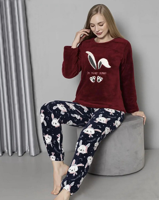 Жіноча флісова піжама з принтом Бордово-синий, XL Харків - фото 1