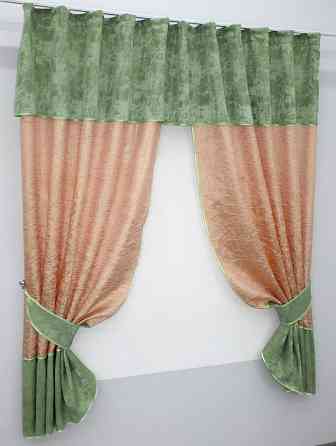 Кухонные шторы VR-Textil № 073к с ламбрекеном и подхватами персиковый с оливковым 270х170 см (52-0477) Киев