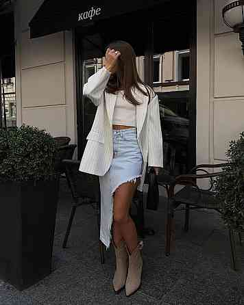 Женский классический пиджак свободного кроя в полоску костюмка Айвори, 42/44 Одесса