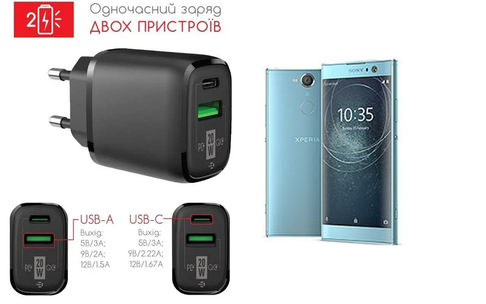 Сетевое зарядное устройство для Sony Xperia XA2 H4133, 20W 3A, Quick Charge 3.0 Киев - изображение 1