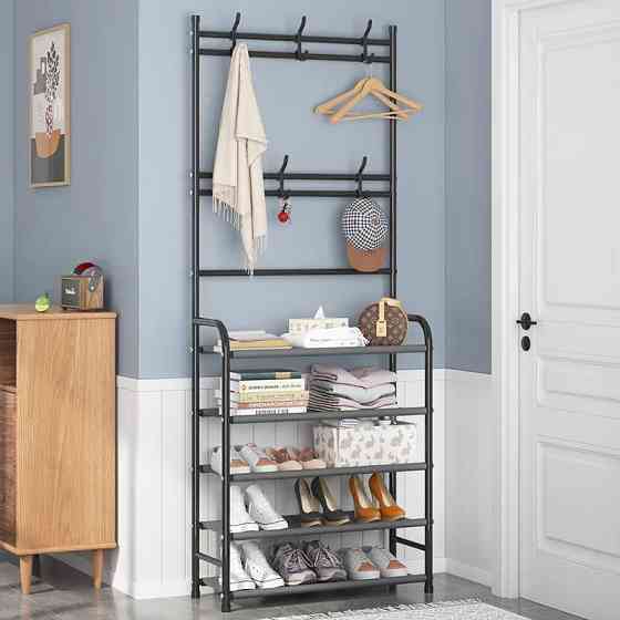 Поличка з вішаком для передпокою 25х60х150, Органайзер для взуття та одягу з 4 полицями, Чорного кольору Кам'янець-Подільський