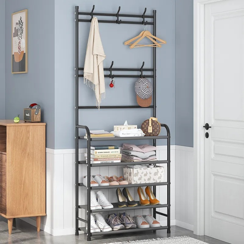 Поличка з вішаком для передпокою 25х60х150, Органайзер для взуття та одягу з 4 полицями, Чорного кольору Кам'янець-Подільський - фото 1