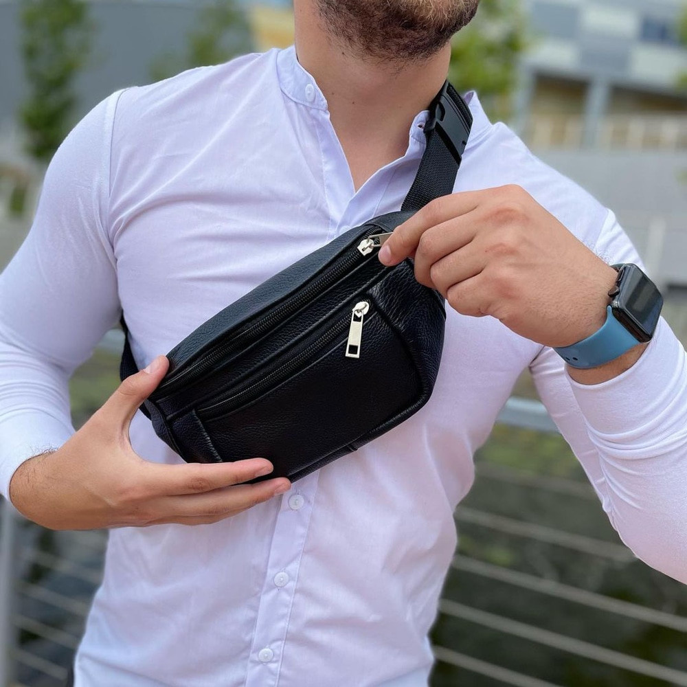 Бананка чоловіча чорна, Зручна чоловіча шкіряна бананка Сумка ремінь на пояс DN-38 Львів - фото 3
