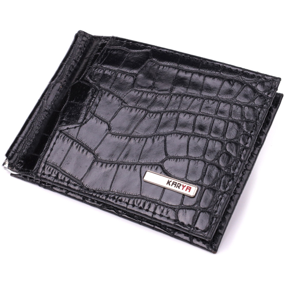 Удобный мужской зажим из натуральной фактурной кожи под крокодила Черный (KARYA) Киев - изображение 5
