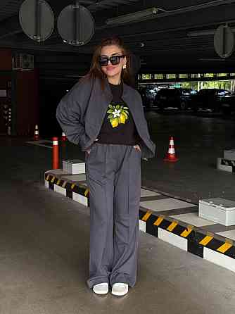 Женский трикотажный костюм оверсайз с широкими брюками Графит M-L Харьков