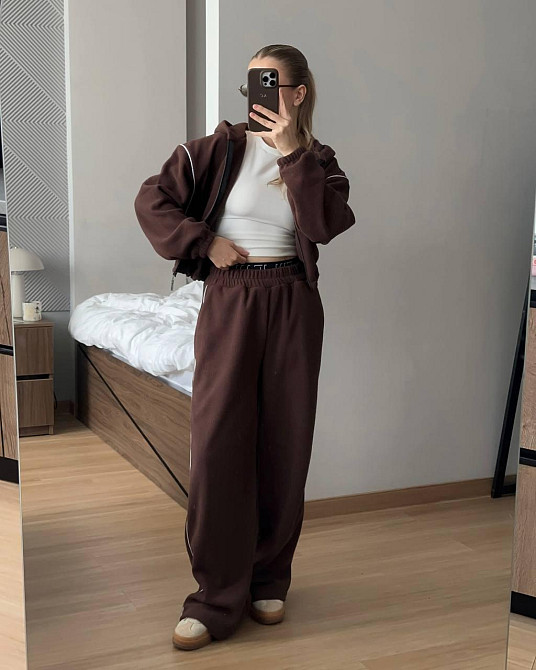 Жіночий теплий прогулянковий костюм: кофта та штани двосторонній фліс Шоколадний, 46/48 Одеса - фото 1