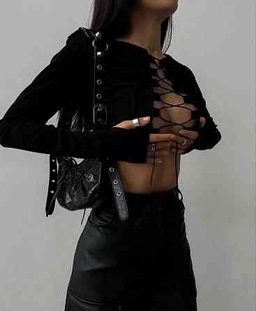 Жіночий стильний привабливий топ із довгим рукавом на шнурівці рубчик мустанг Чорний, 44/46 Одеса