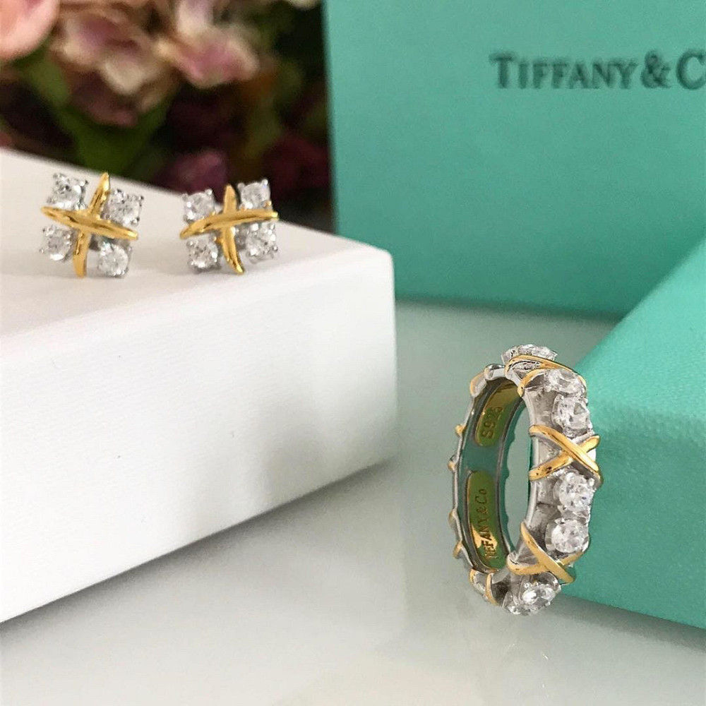 Tiffany Тіффані набір — кільце та сережки з хрестиками срібло 925, позолота/подарункове паковання Одеса - фото 1