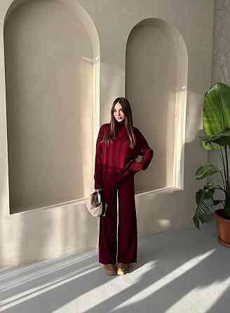 Женский теплый базовый костюм двойка мелкая машинная вязка Бордовый Одесса