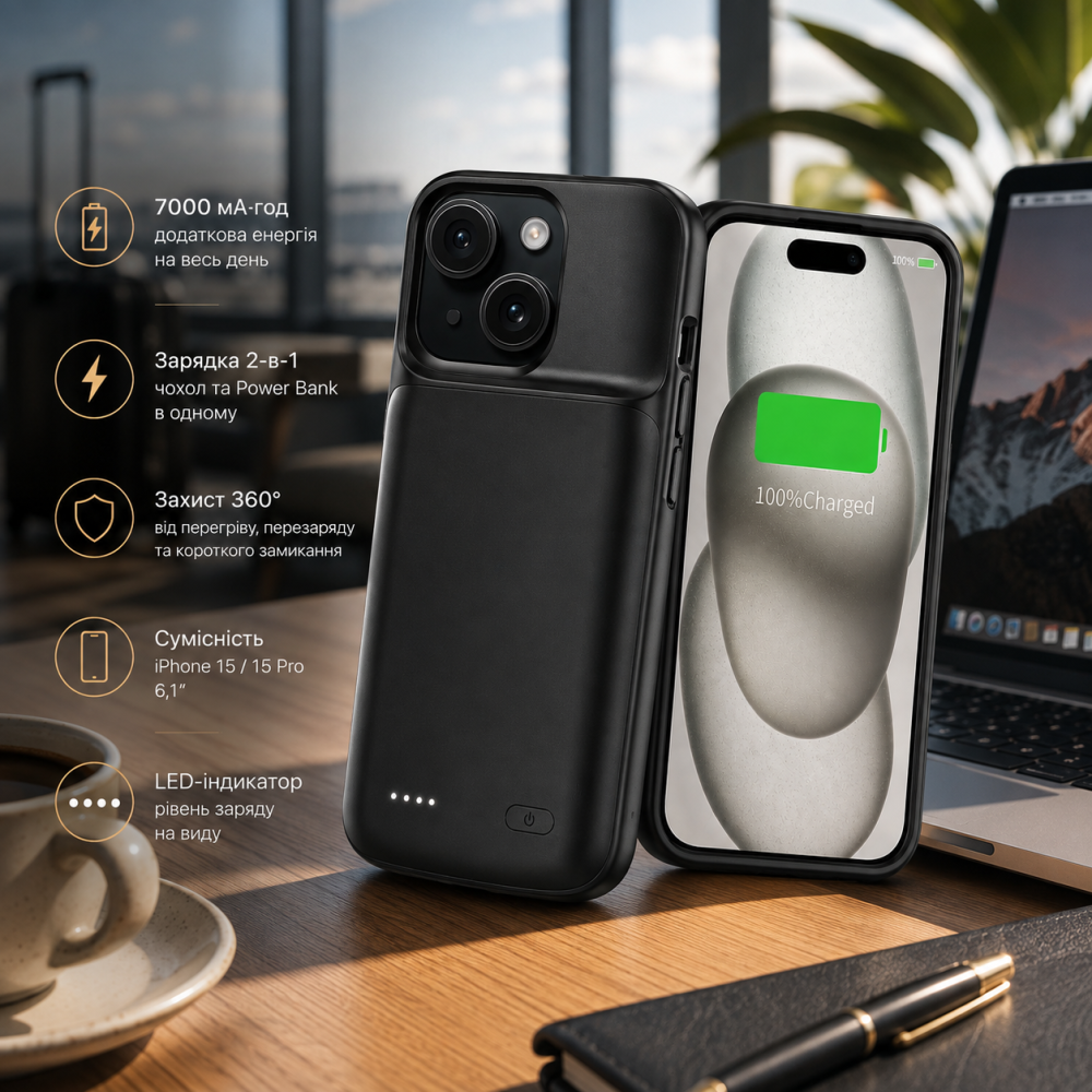 Чехол-аккумулятор MIGAFEI для iPhone 15/15 Pro 6,1″, PowerBank 7000 мА·ч, зарядка 2-в-1, черный Киев - изображение 8