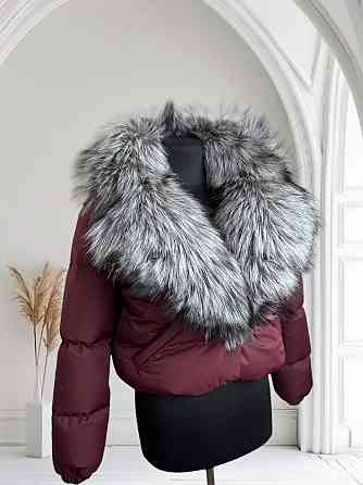 Жіноча куртка пуффер з натуральним хутром чорнобурки Бордовий XS-XL Харків