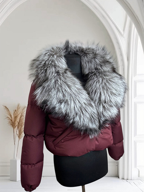 Жіноча куртка пуффер з натуральним хутром чорнобурки Бордовий XS-XL Харків - фото 1