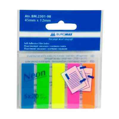 Стикер-закладка Buromax Plastic bookmarks 45x12mm, 5х20шт, rectangles, neon colors (BM.2301-98) Винница