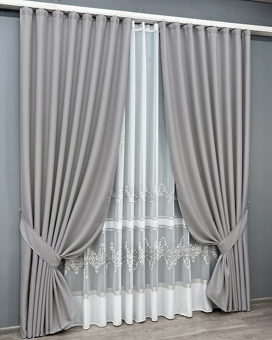 Комплект штор VR-Textil Льон Мішковина 100х270 2шт і Тюль 400х270 867ш-1708т Світло-сірий з білим 71-181/2 Київ - фото 10