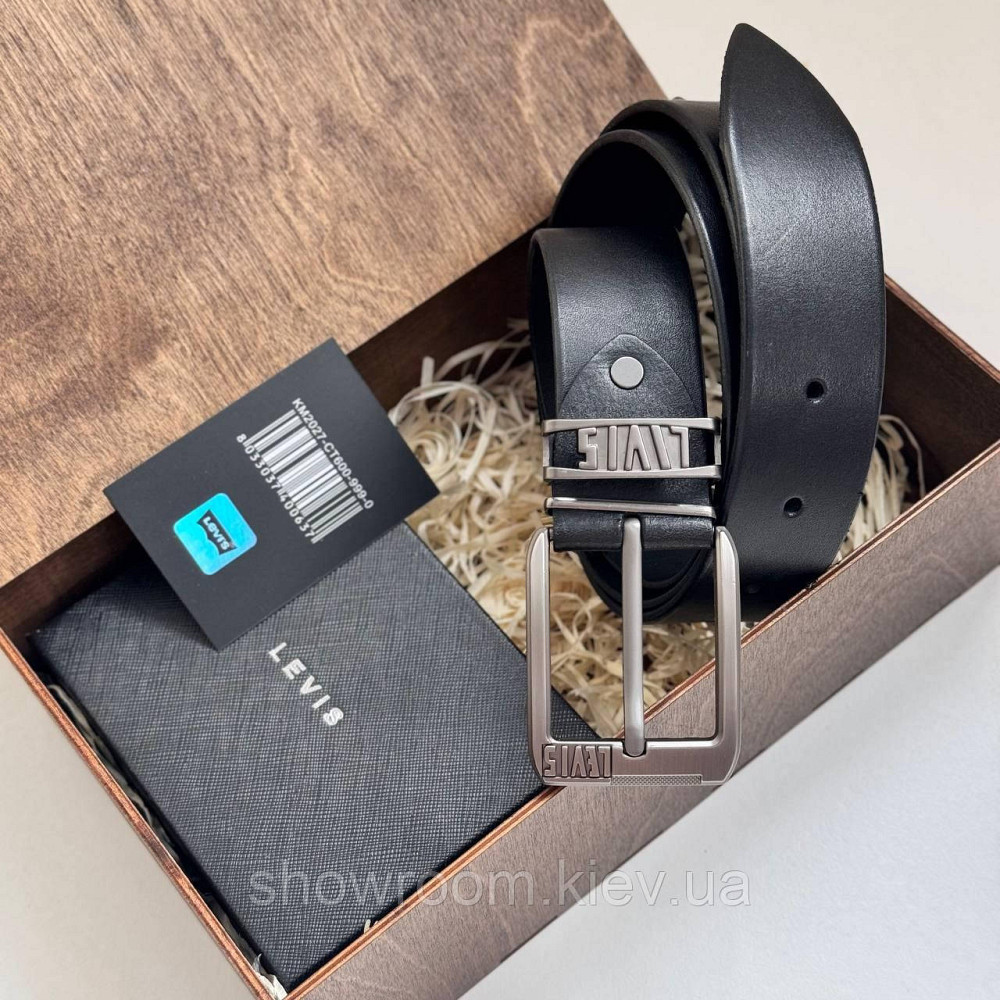 Чоловічий подарунковий набір ремінь і портмоне дерев'яній коробці Levis (518) Київ - фото 5