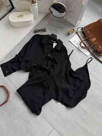 Жіночий легкий прогулянковий костюм-трійка: сорочка майка та штани креп жатка Чорний, 42/46 Одеса