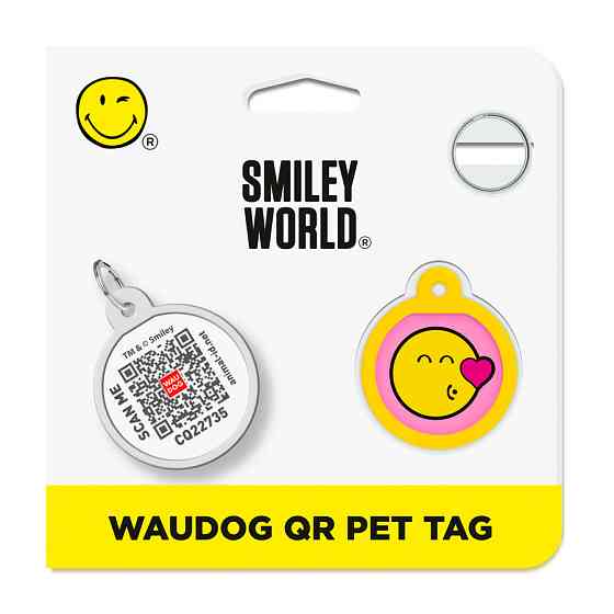 Адресник для собак і котів металевий WAUDOG Smart ID з QR паспортом, малюнок "Смайли на рожевому", коло, Д 25 мм Київ
