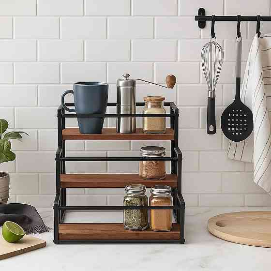 Полка для кухни ванной или бара на 3 ступени для бутылок деревянная,стойка настольная ступенчатая для сиропов Каменец-Подольский