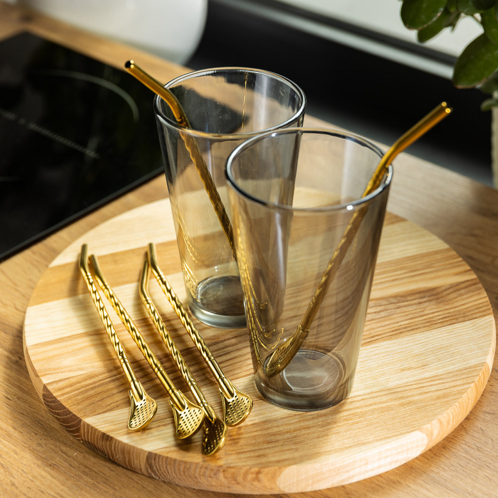 Набір багаторазових ложок-трубочок 6 шт для напоїв 19,5 см з щіткою Золотистий HP-20-56 Київ - фото 2