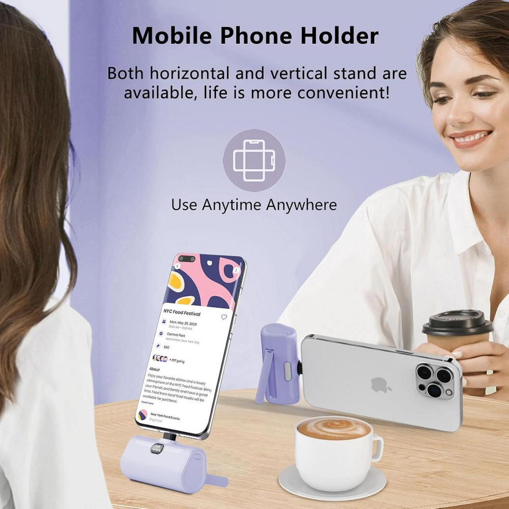 Портативное зарядное устройство LUCKYDUO 5000mAh, компактное, с LED-фонариком и подставкой, PD15W, фиолетовый Киев - изображение 4