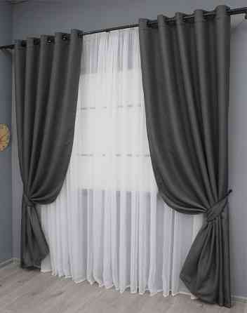 Комплект штор на люверсах VR-Textil Лен-блэкаут Лен Мешковина № 1220ш Серый 150х250см 2 шт (37-0193) Киев