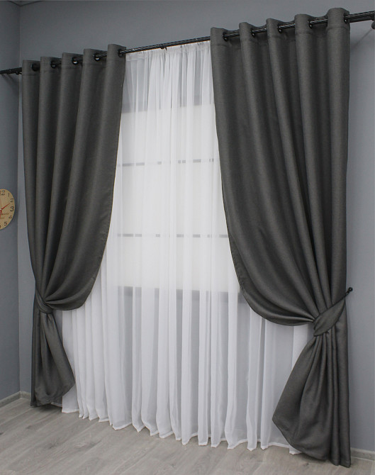 Комплект штор на люверсах VR-Textil Лен-блэкаут Лен Мешковина № 1220ш Серый 150х250см 2 шт (37-0193) Киев - изображение 3