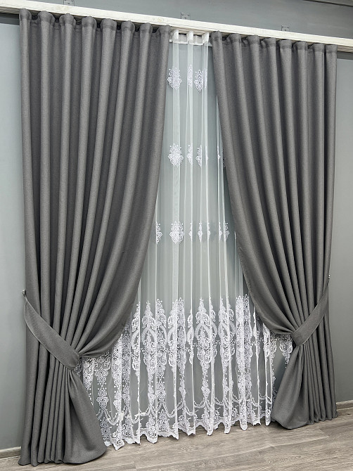 Комплект штор VR-Textil Лен Мешковина 150х270 2шт и Тюль 600х270 288ш-1571т Серый с белым 71-188/5 Киев - изображение 2