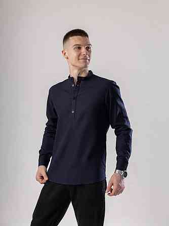 Рубашка из льна мужская синяя однотонная синяя. Рубашка casual на пуговицах синяя Pobedov Exlnt Киев