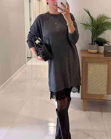 Женское платье-туника с кружевом по низу двухсторонняя ангора Графит, 48/52 Одесса