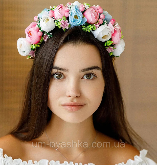 Ободок обруч з квітами "Піони середній біло-рожево-блакитний" Кривий Ріг - фото 2