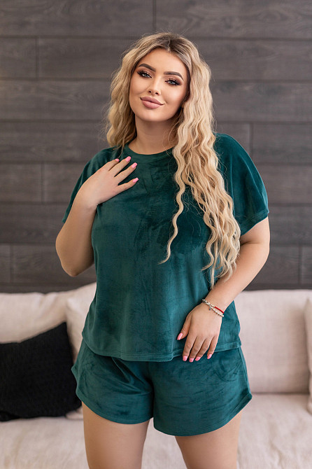 Велюровая пижами двойка футболка и шорты Mellow 42-44, Изумрудный Киев - изображение 1