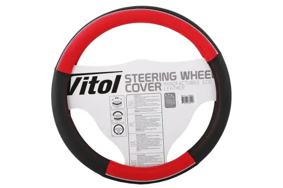 Оплітка на кермо M без запаху Vitol F-17003RD-M чорний/червоний з хром. вставкою Вінниця