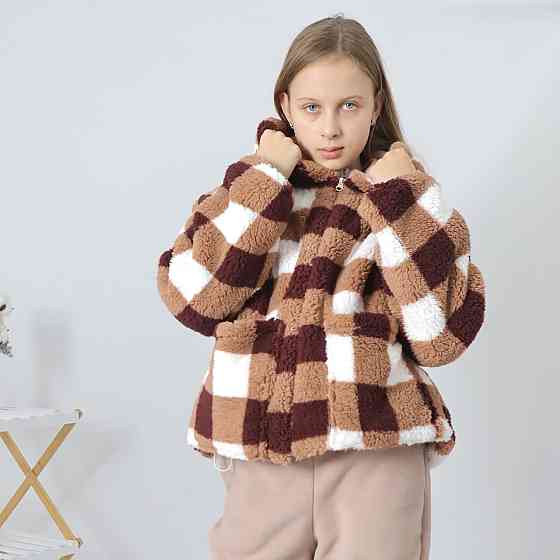 Жіноча тепла шубка тедді в коричневу клітинку з капюшоном Кам'янець-Подільський