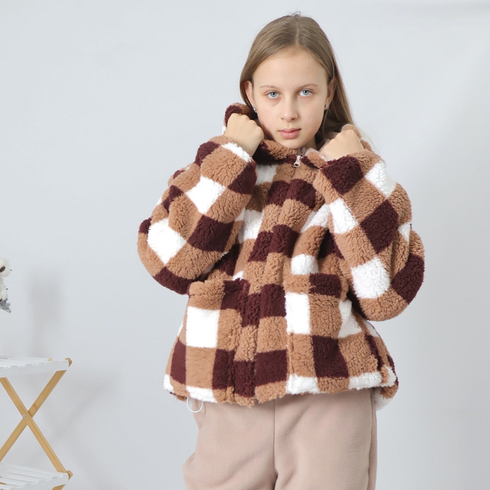 Жіноча тепла шубка тедді в коричневу клітинку з капюшоном Кам'янець-Подільський - фото 2