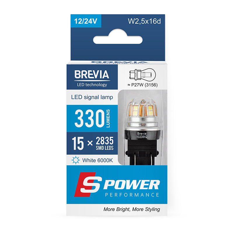 Автолампа Brevia S-Power LED P27/7W (3157) 330Lm 15x2835SMD 12/24V CANbus 2шт Львов - изображение 1