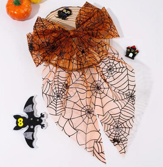 Бант для волосся з органзи з принтом павутинки, помаранчевий – 16×28 см Київ - фото 2