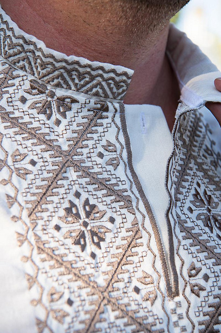 Вышиванка льняная мужская, длинный рукав, молочная,( лен ) топ Киев - изображение 3