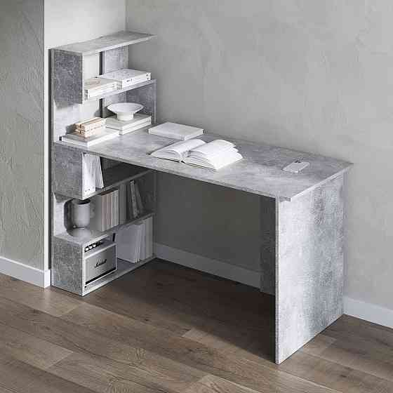 Компьютерный стол VAYS M-24 Бетон, письменный с полками слева, ЛДСП, 142×60×123 см – для дома, учебы, офиса Львов