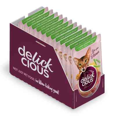 Влажный корм для кошек Delickcious Кусочки с ягнятиной, куриным филе и фасолью спаржевой в желе 85 г (4820269143128) Винница