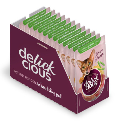 Вологий корм для кішок Delickcious Шматочки з ягнятиною, курячим філе і квасолею спаржевою в желе 85 г (4820269143128) Вінниця - фото 2