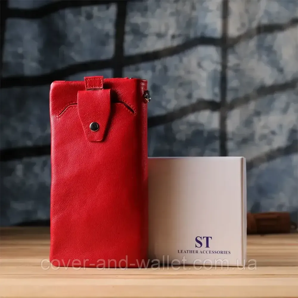 Шкіряний жіночий гаманець з кишенею для телефону червоного кольору ST 669 Київ - фото 9