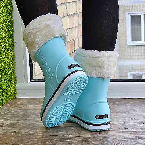 Жіночі Гумові Напівчоботи Блакитні CROCS Бірюзові Чоботи Крокси Теплі Зимові (розміри: 36,37,38,39,40,41) — Дніпро