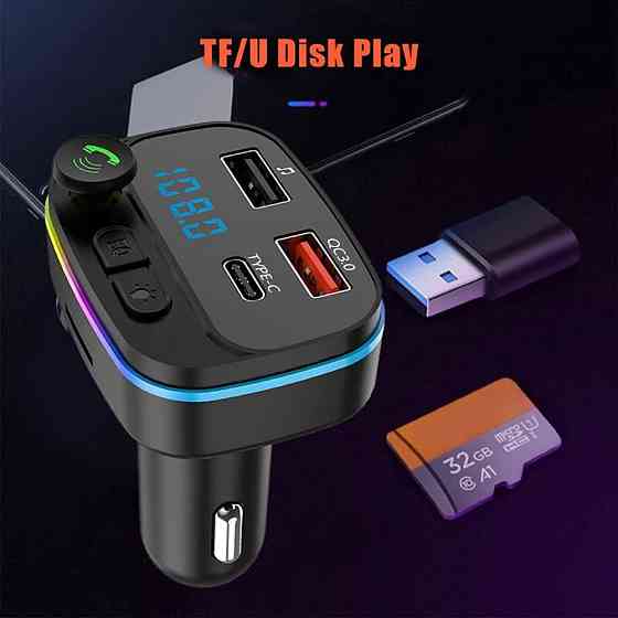 FM Трансмітер BT-FM01 Чорний Bluetooth 5.0 Hands-Free 2xUSB (QC3.0) Type-C PD30W TF/USB MP3 RGB Авто модулятор Київ