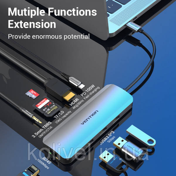 Док-станція USB3.1 Type-C --> HDMI/USB 3.0x3/RJ45/SD/TF/TRRS 3.5mm/PD 100W Hub 9-in-1 Vention (TOLHB) Київ - фото 3