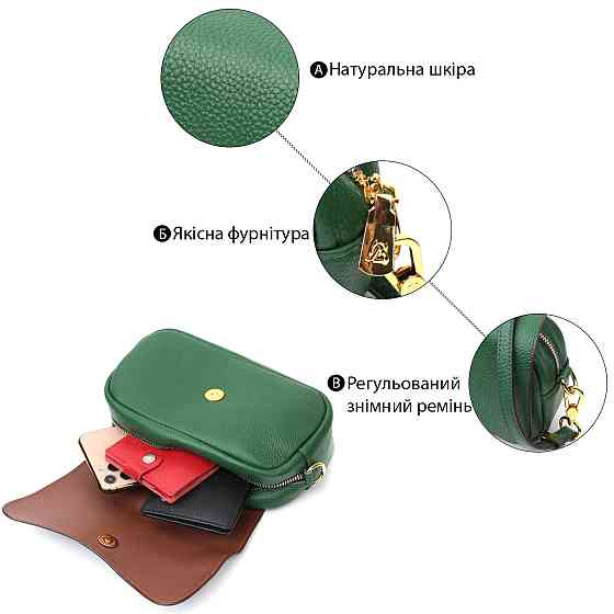 Кожаная женская сумка в красивом цвете и с фигурным клапаном Vintage 22430 Зеленая Киев