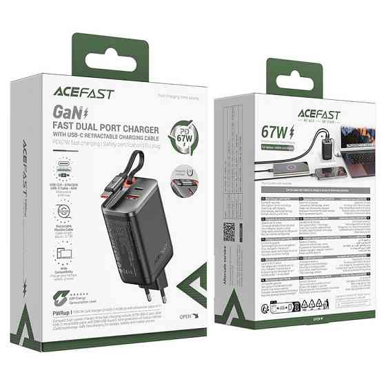 Мережевий зарядний пристрій ACEFAST A111 PD67W GaN charger(2*USB-C+USB-A) with retractable cable Black Одеса